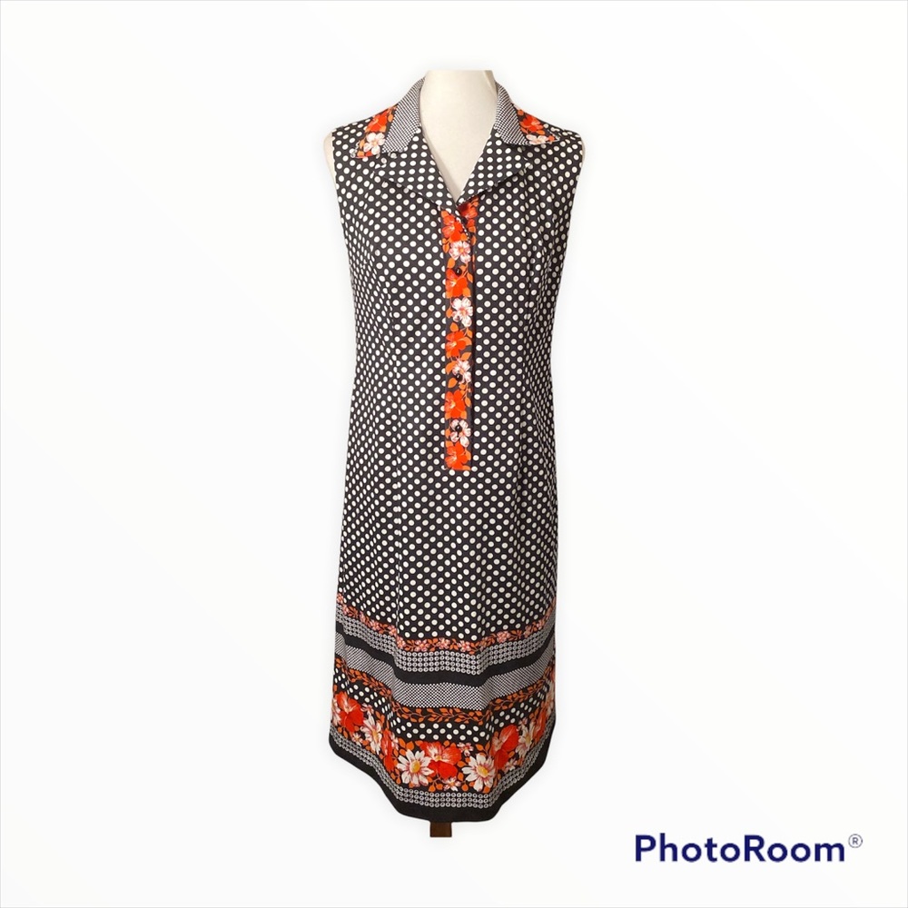 Vintage 1970s Polka Dot Floral Sheath Dress Black White Orange Sleeveless Mod